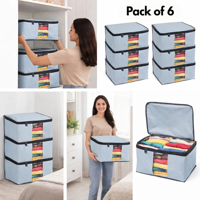 Rivven WardrobePro™ Saree & Clothes Organizer — Foldable Storage Boxes with Window, Set of 6