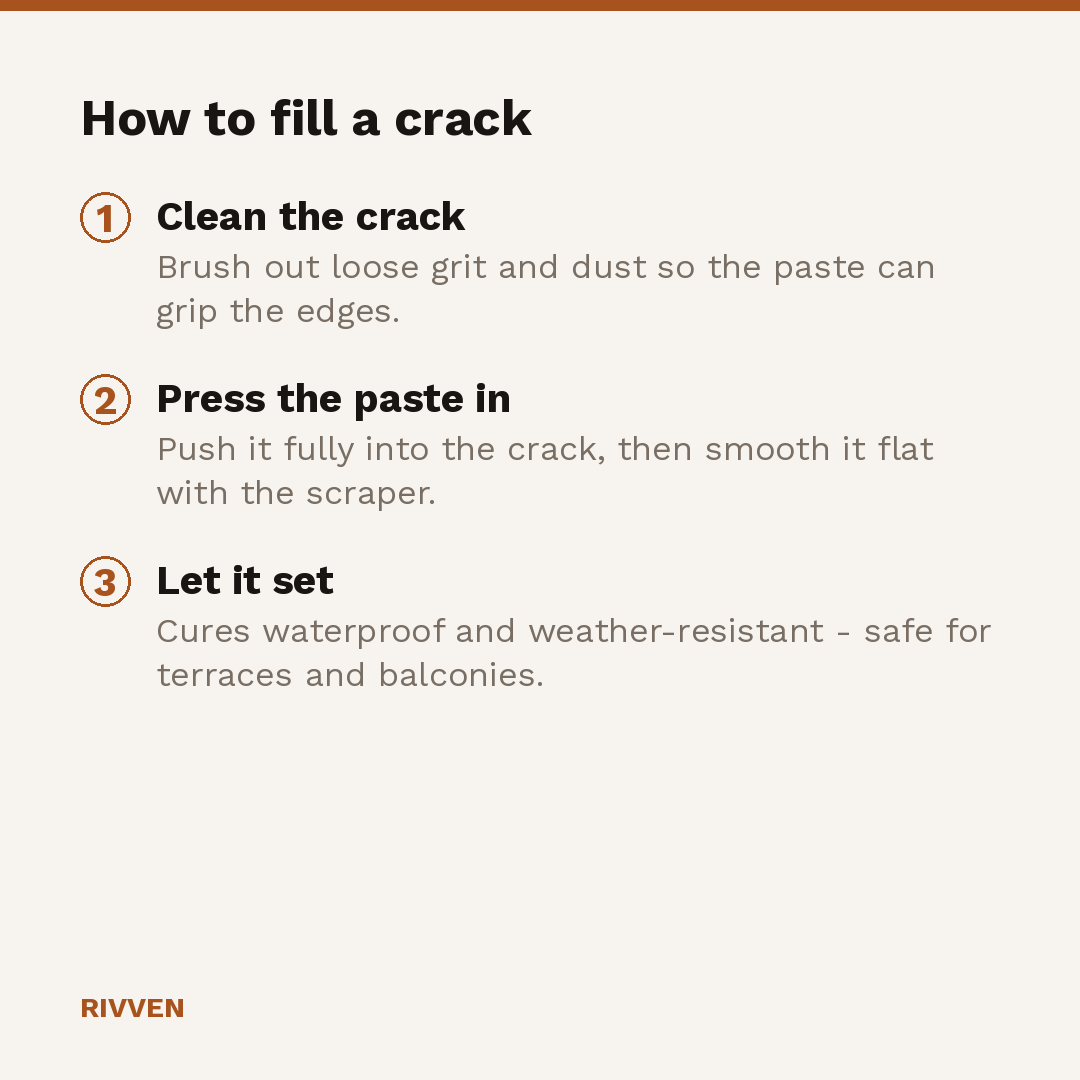 How to fill a crack: clean the crack, press the paste in and smooth flat, let it set waterproof