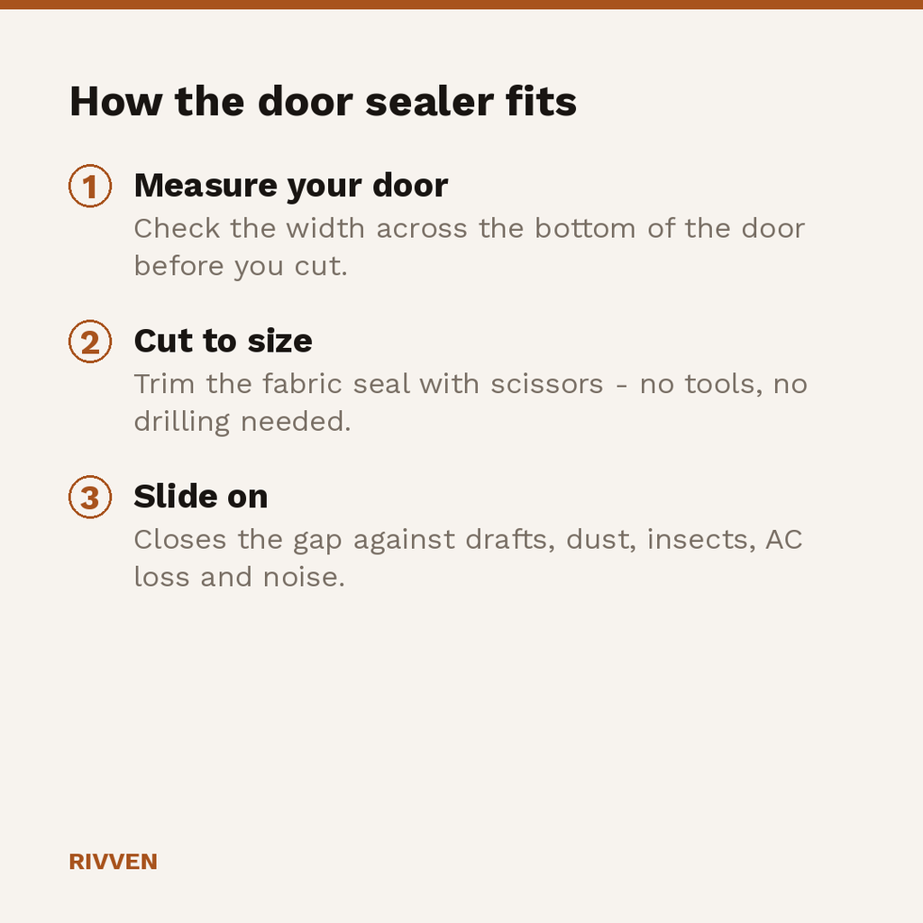 How the door sealer fits: measure your door, cut to size with scissors, slide on to close the gap
