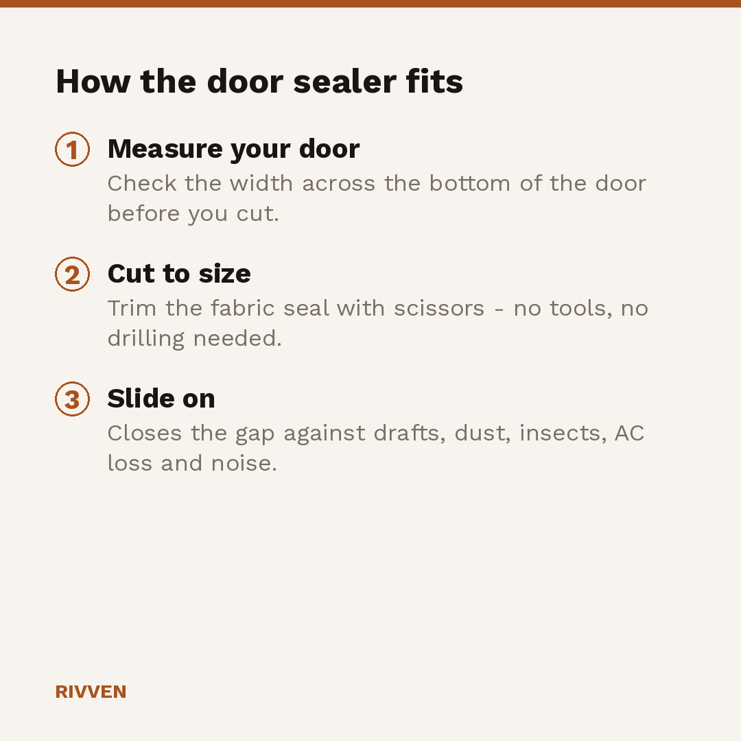 How the door sealer fits: measure your door, cut to size with scissors, slide on to close the gap