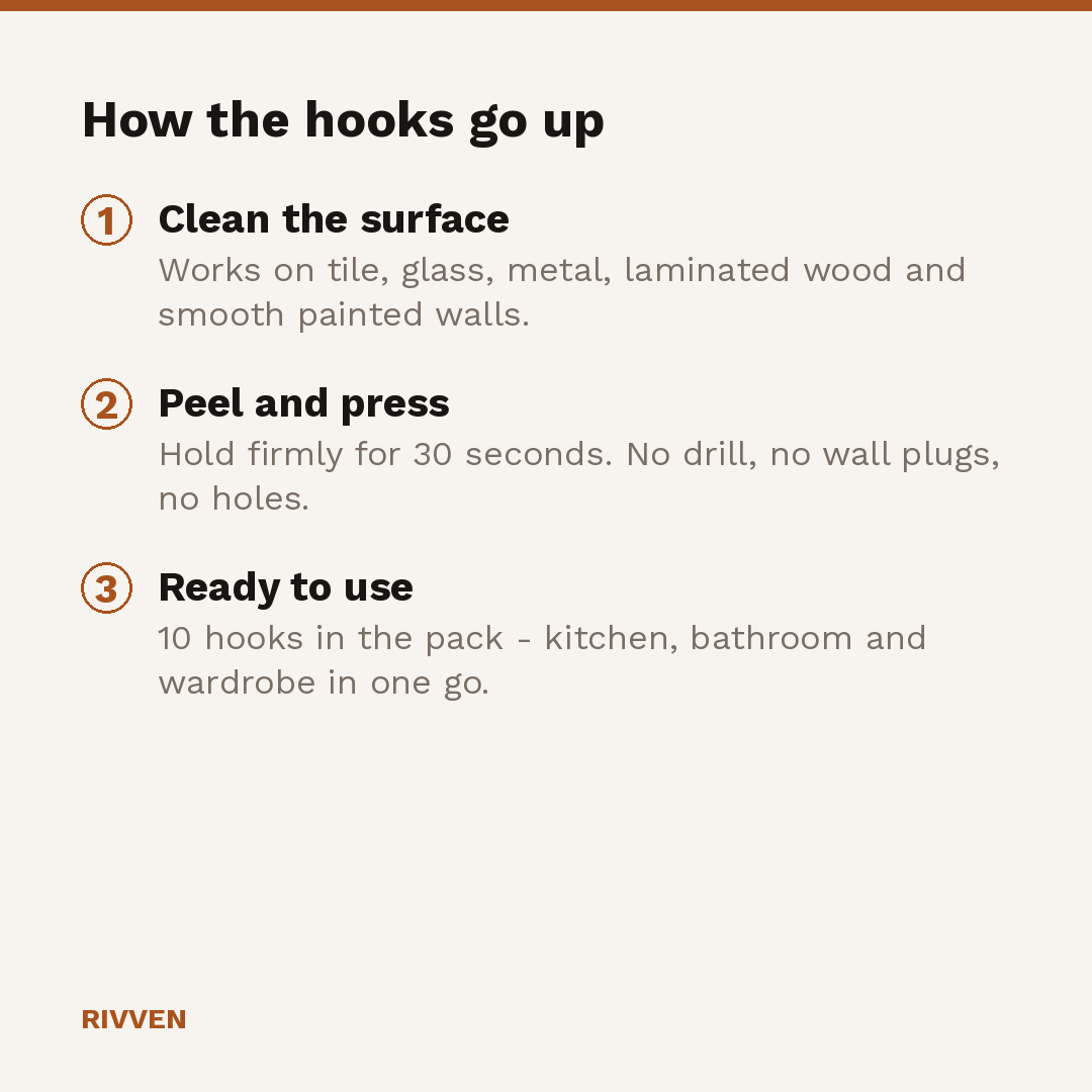 How the hooks go up: clean the surface, peel and press for 30 seconds, ready to use, ten hooks per pack