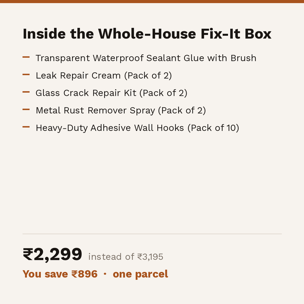 Inside the Whole-House Fix-It Box: sealant glue, leak repair cream, glass crack repair kit, metal rust remover spray, adhesive wall hooks. 2299 rupees instead of 3195