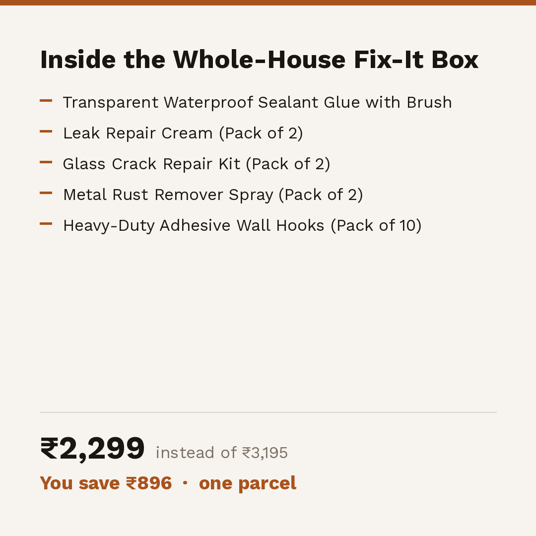Inside the Whole-House Fix-It Box: sealant glue, leak repair cream, glass crack repair kit, metal rust remover spray, adhesive wall hooks. 2299 rupees instead of 3195