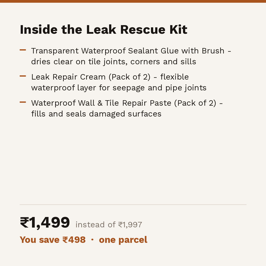 Inside the Leak Rescue Kit: sealant glue with brush, leak repair cream pack of two, wall and tile repair paste pack of two. 1499 rupees instead of 1997