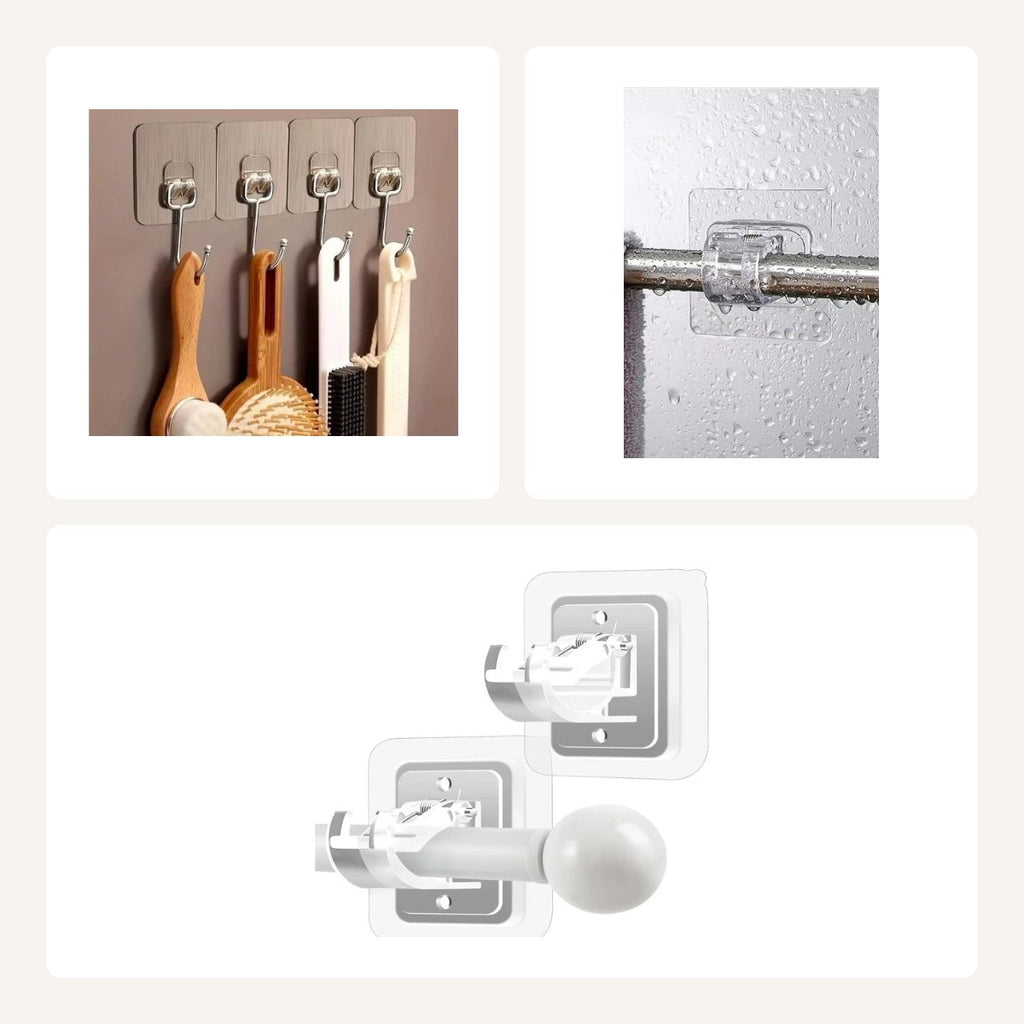 No-Drill Mounting Kit — adhesive wall hooks, curtain rod clip hooks and no-drill curtain rod brackets