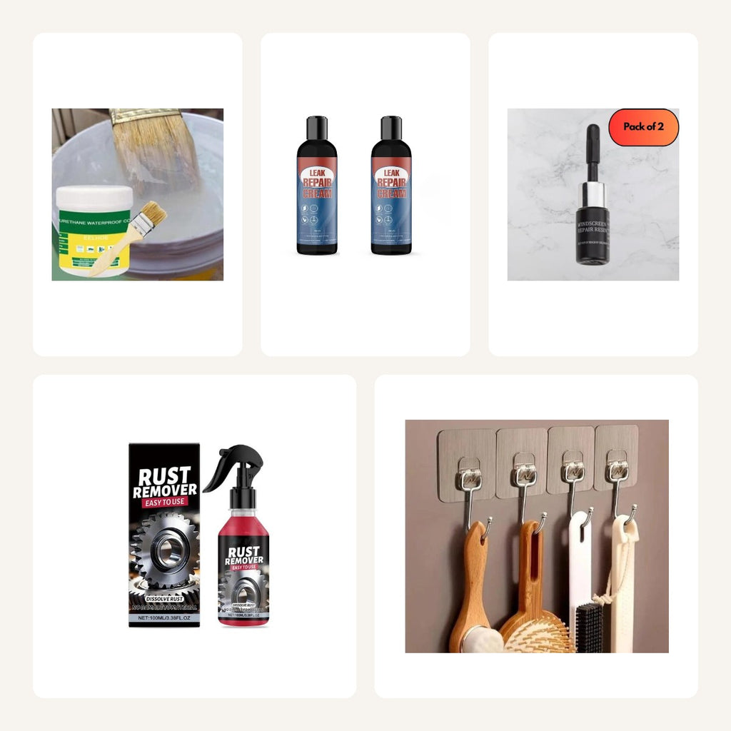 Whole-House Fix-It Box — sealant glue, leak repair cream, glass crack repair kit, rust remover and adhesive wall hooks